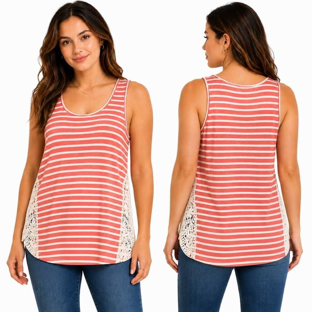 Paper + Tee Coral Striped Tank Top M Crochet Lace Sides Sleeveless Casual